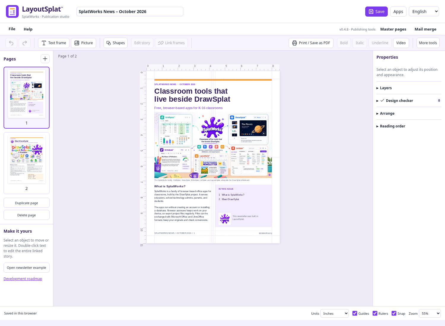 LayoutSplat showing the SplatWorks News October 2026 starter with two page thumbnails.