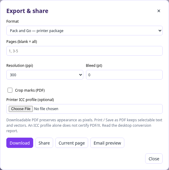 Pack and Go export settings for page ranges, resolution, bleed, crop marks and a printer ICC profile.