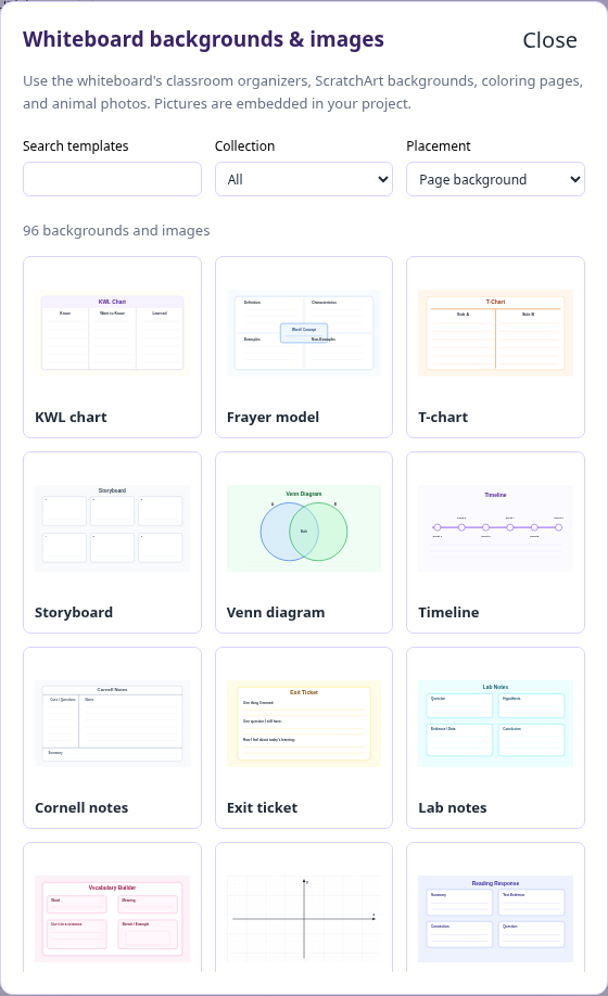 Whiteboard collection browser with classroom organizers, ScratchArt, coloring and animal image options.