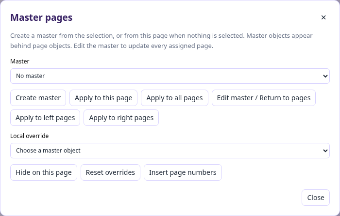 Master page controls for applying reusable layouts, editing masters, local overrides and page numbers.
